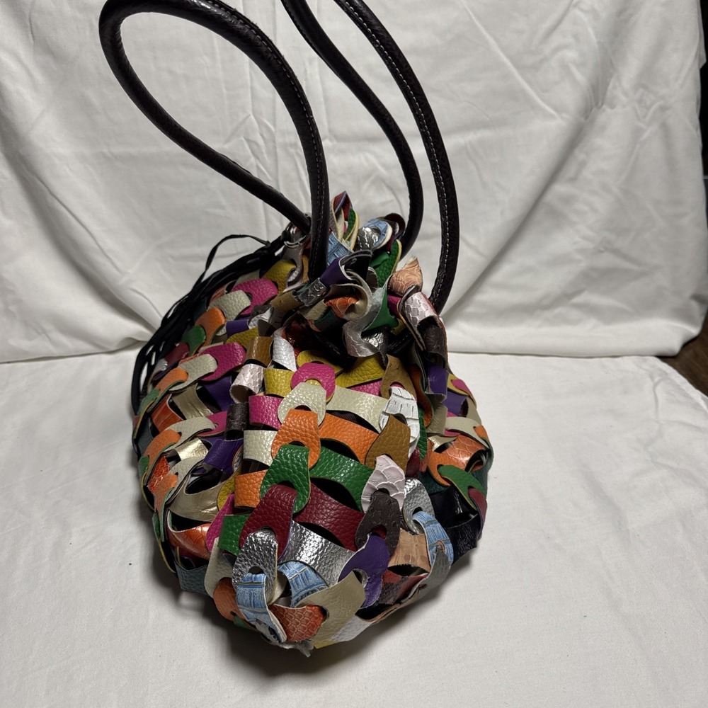 Vintage GG…ing Large Multicolored Hobo Bag W/Unique Woven Leather Links Y2K - Picture 5 of 10